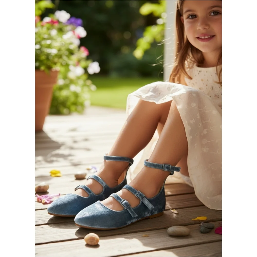 Fabkids ✦ Deep Blue Velvet Triple-Buckle Flats ✦ Princess Dress Shoes Sz 5 NWT
